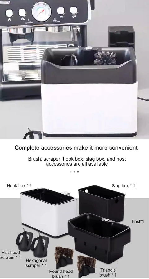 Electric Portafilter Cleaner With Zero Headache Grounds Knock Box For Game Changing Espresso Machine Maintenance And Easy Coffee Tamper Handle Scrubbing In Sleek Silver Trim parts including brushes and scrapers.