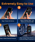 Step-by-step guide for Super Slick 150 Psi Portable Tire Inflator Air Compressor with digital gauge and user instructions.
