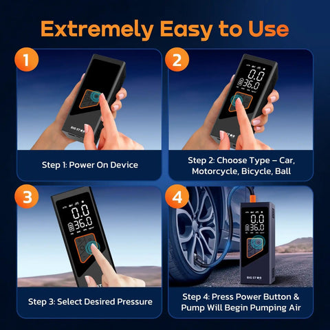 Step-by-step guide for Super Slick 150 Psi Portable Tire Inflator Air Compressor with digital gauge and user instructions.