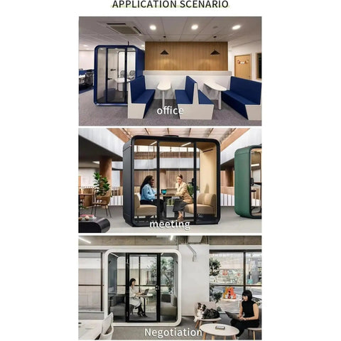 Portable One To Two Person Soundproof Office Pod With Thick Acoustic Panels and Whisper Quiet Ventilation used in office, meeting and negotiation settings.