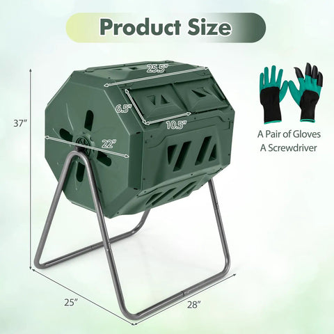 Dual Chamber 42 Gal Compost Tumbler With Sliding Doors 360 Degree Tumbling No Fuss Backyard Composting Metal Frame BPA Free Large Rotating Bin For Your Backyard Garden Waste Easy Aeration And Nonstop Composting Green, shown with product dimensions and accessories