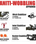 Diagram showing anti-wobbling features of Beefy 2 Bike Hitch Rack And Foldable Cargo Carrier for E Bikes, with stabilizers and clamps.