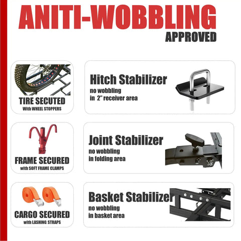 Diagram showing anti-wobbling features of Beefy 2 Bike Hitch Rack And Foldable Cargo Carrier for E Bikes, with stabilizers and clamps.