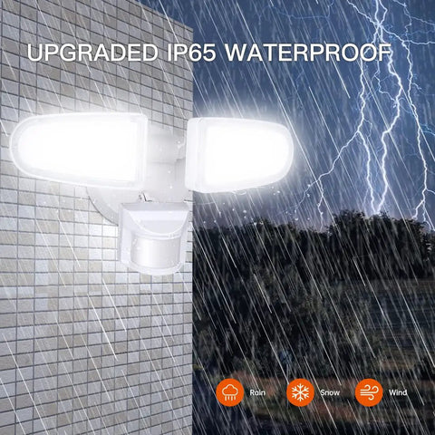 Ultra Bright Outdoor Motion Sensor Flood Light With Dual Heads, 3700 Lumen 5700K Daylight, IP65 Weatherproof in rainstorm