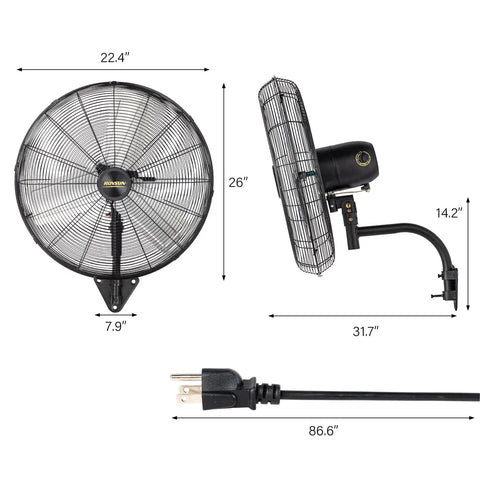 24 Inch Industrial Wall Mounted Fan With Dual Ball Bearing Motor and Aluminum Blade, dimensions and side view details shown