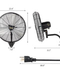 Beastly 24 Inch Wall Mounted High Velocity Industrial Fan with Wide Angle Oscillation, side and front view with dimensions