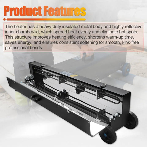 Heavy Duty PvC Conduit Hot Box Heater For 1/2 To 4 Inch Pipe with insulated metal body and rollers for easy transport and use.