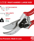 F2 Pruning Shears 9 Inch Swiss Made Garden Clippers With Precision Bypass Blade showing close-up of blade and handle features