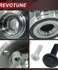 Close-up of Two Front Wheel Bearing Hub Assemblies Compatible With Volkswagen Golf GTI Passat Jetta Beetle Eos CC R32 Rabbit And Audi A3 TT Quattro Q3 Models From 2005 To 2022 Drop In Front Hub Replacement Kit With Superior Fitment And Longevity Ready To Roll with metal parts and bolts visible.