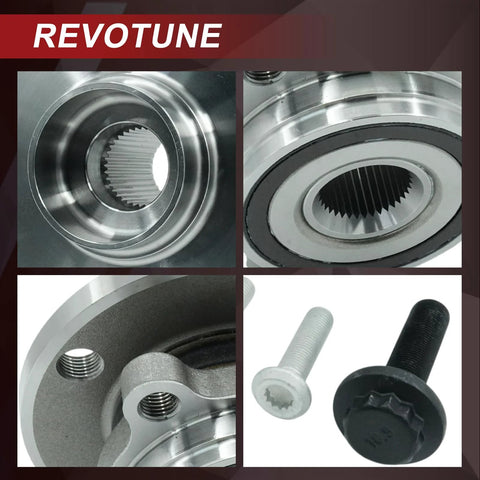 Close-up of Two Front Wheel Bearing Hub Assemblies Compatible With Volkswagen Golf GTI Passat Jetta Beetle Eos CC R32 Rabbit And Audi A3 TT Quattro Q3 Models From 2005 To 2022 Drop In Front Hub Replacement Kit With Superior Fitment And Longevity Ready To Roll with metal parts and bolts visible.