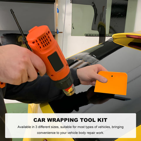 Pro Grade 6 Piece Body Filler Spreader Set With 4 Inch 5 Inch And 6 Inch Reusable Plastic Scrapers For Automotive Paint Repairs Caulks Putties And General Body Work Ideal For Smooth Even Applications On Various Surfaces. Orange heat gun and yellow plastic spreader on car wrap