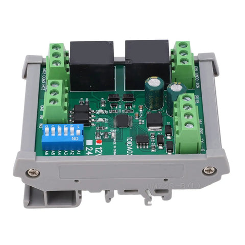 Pro Grade RS485 Relay Module Two Channel Industrial Reset Controller Board With TvS Protection PLC Automation DC 12V. Top view of relay module.