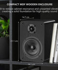 Front view of Bluetooth Bookshelf Speakers for Turntable With 60W RMS Power in MDF enclosure on a shelf, showing dimensions.