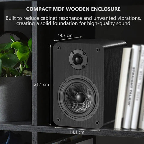 Front view of Bluetooth Bookshelf Speakers for Turntable With 60W RMS Power in MDF enclosure on a shelf, showing dimensions.