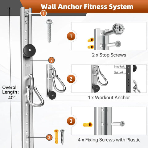 Adjustable Resistance Band Wall Mount System Heavy Duty Steel Anchor Kit For Home Gym showing components and instructions.