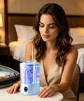 Solid Mini Portable Washing Machine With Three Speed Gears For Effortless Underwear And Sock Cleaning An Easy Peasy Game Changer For Dorms Apartments And Travel in a hotel room with a woman.