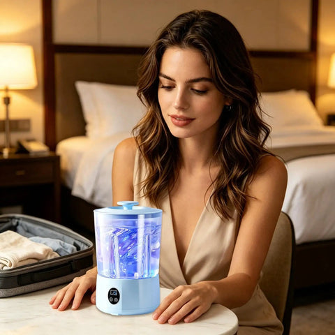 Solid Mini Portable Washing Machine With Three Speed Gears For Effortless Underwear And Sock Cleaning An Easy Peasy Game Changer For Dorms Apartments And Travel in a hotel room with a woman.