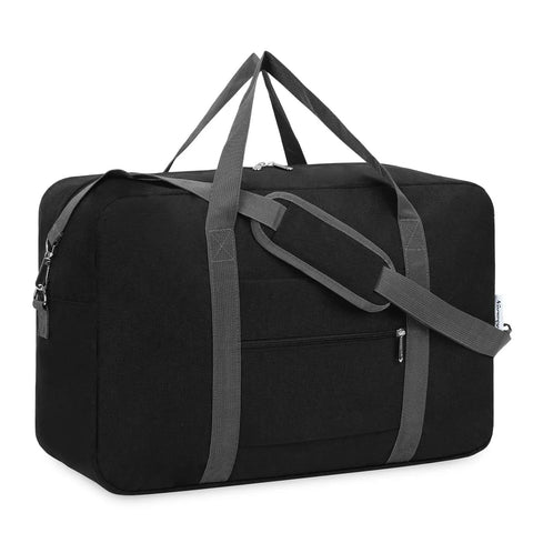 Under Seat Personal Item Bag 18x14x8 Inch 30L Foldable Travel Duffel Tote for Women and Men in black with exterior pocket and straps