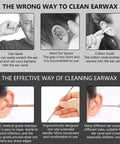 Comparison chart showing wrong and effective ear cleaning using 6 Piece Ear Wax Removal Kit With Double Headed Ear Picks 316L Stainless Steel.