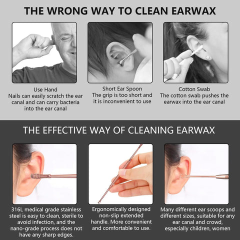 Comparison chart showing wrong and effective ear cleaning using 6 Piece Ear Wax Removal Kit With Double Headed Ear Picks 316L Stainless Steel.