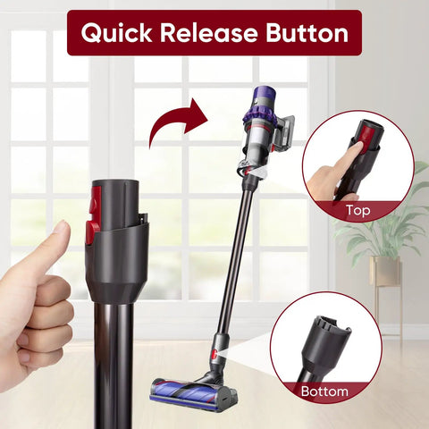 Premium Aluminum Quick Release Extension Wand For Dyson V12 Detect Slim And V10 Digital Slim Cordless Vacuums Replacement Extension Tube No Fuss Easy Snap Fit Long Lasting Gray Finish with quick release button highlighted.