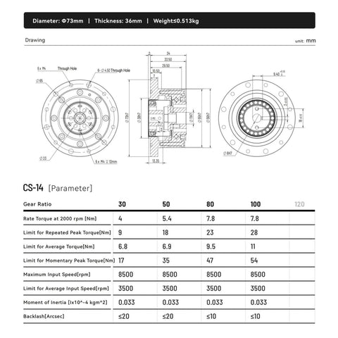 Technical drawing and specifications of CS14 II Harmonic Drive Reducer CSF14 II Strain Wave Gear Reducer for stepper motor