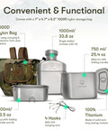 Titanium Canteen Mess Kit With 1100ml Capacity 37oz, 750ml and 400ml cups, MOLLE case, camouflage travel set for hiking and camping