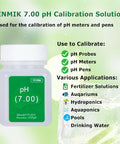 YINMIK 7.00 pH Calibration Solution bottle with usage instructions for pH meters and pens, shown against a green background.