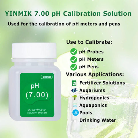 YINMIK 7.00 pH Calibration Solution bottle with usage instructions for pH meters and pens, shown against a green background.