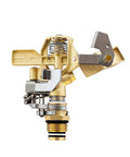 Half Inch Brass Impact Sprinkler Head Built Tough As Nails With Zinc Free Solid Brass Housing And Rugged Stainless Steel Parts For Rock Solid Yard Watering Up To Forty Five Foot Radius showing detailed brass construction and parts.