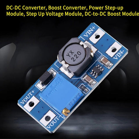 DC To DC Boost Converter Module With Adjustable Output 2V To 28V, 2 Amp High Efficiency Power Supply For Battery Projects And DIY Gadgets, Solar And Camping Gear, Tiny 36 By 17 By 14 Mm, blue PCB with inductor