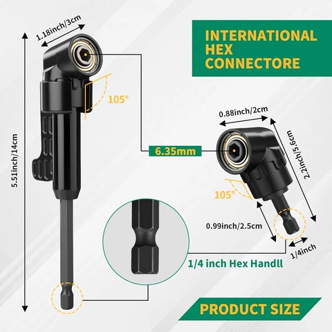Diagram showing 17 Piece Flexible Drill Bit Extension Kit with 105 Degree Right Angle Attachment dimensions and features.