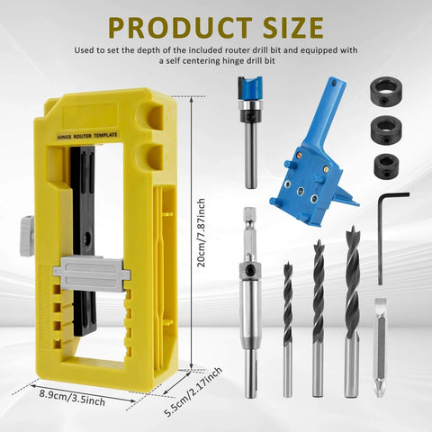 Pro Grade Door Hinge Mortise Jig Kit with Self Centering Drill Bits and No Hammer Needed Door Hinge Router Template