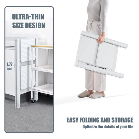 Person carrying 2 Step Folding Step Stool With Wide Anti Slip Pedals Heavy Duty Steel Ladder For Kitchen And Home Rust Resistant U Shape Tubes Compact 1.77 Inch Thick Fold 500 Lb Capacity Sturdy Portable Home Ladder, showing ultra-thin design.