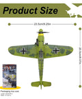 Top view of BF 109 Fighter Model Kit 1 To 49 Scale For Adult Collectors Gray Plastic Assembly Kit Snap Fit Display Model Of WWII German Aircraft For History Nerds And Plane Enthusiasts with packaging dimensions shown.