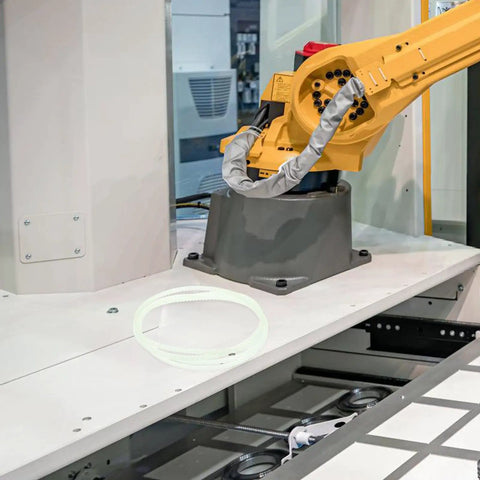 Four Pack Heavy Duty Rubber Replacement Belts For Sealing Machines on industrial machine platform with robotic arm.
