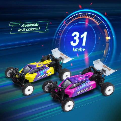 Speck B Elite Brushless 1 By 24 2WD Mini RC Car RTR Buggy in magenta and yellow with speedometer showing 31 km/h.
