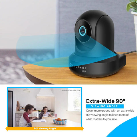 4MP ProHD Indoor WiFi Security IP Camera With Pan Tilt And Two Way Audio Night Vision Remote Viewing 90 Degree Wide Field Of View H265 30FPS Works With Alexa Cloud IP4M 1041B Black on wooden table showing 90-degree wide view angle.