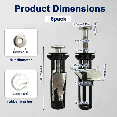 Product dimensions for Six Pack Heavy Duty Toilet Seat Replacement Bolt Kit Featuring Rock Solid 304 Stainless Steel Fasteners.