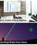 Beast Bright Long Range Green Beam Flashlight USB Rechargeable Tactical Light projecting green beam in office and night sky.
