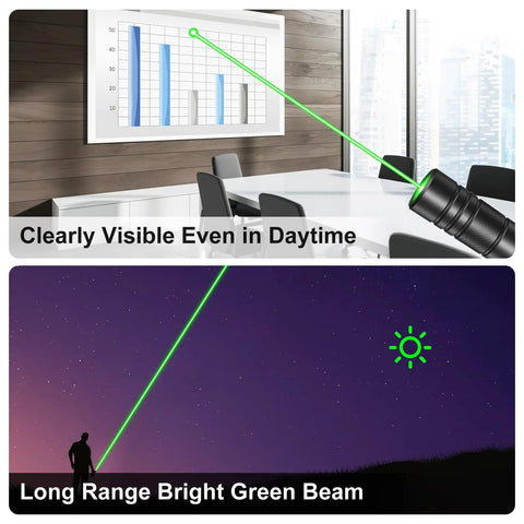 Beast Bright Long Range Green Beam Flashlight USB Rechargeable Tactical Light projecting green beam in office and night sky.