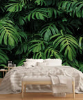 Tropical Monstera Banana Leaf Wall Mural For Living Room And Bedroom Not Peel And Stick 141 By 96 Inches, bed view