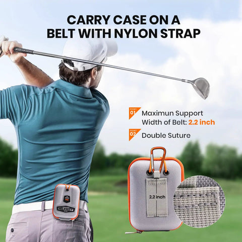 Golfer with Hard Shell Golf Rangefinder Case With Universal Fit Holds Rangefinder And Two Golf Balls EVA Carry Case With Carabiner Clip Rugged Protective Box Compatible With Bushnell Callaway TecTecTec attached to belt by nylon strap.