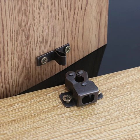 Double Roller Catch Cabinet Door Latch For Home And Campers, Cupboard Hardware, Solid Iron Finish With Gentle Close installed on wood door