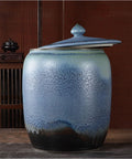 Top Shelf Chinese Style Ceramic Rice Jar With Tight Lid Kitchen Pantry Caddy For Grains Snacks Candy Coffee Beans Tea Gradient Blue Glaze view.