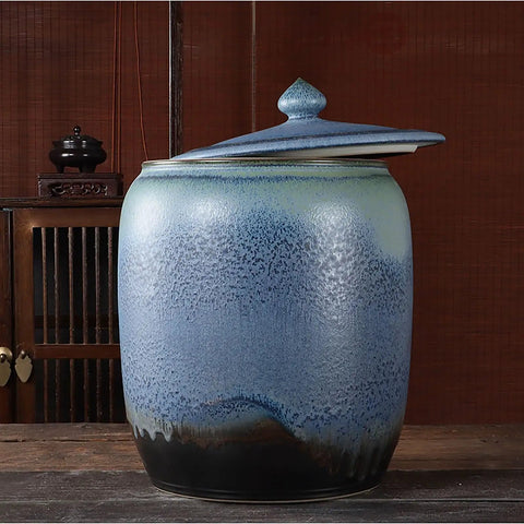 Top Shelf Chinese Style Ceramic Rice Jar With Tight Lid Kitchen Pantry Caddy For Grains Snacks Candy Coffee Beans Tea Gradient Blue Glaze view.