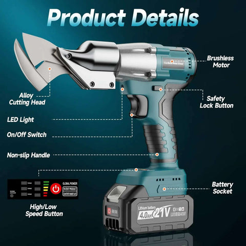 Cordless Sheet Metal Cutter With Dual 4Ah Batteries Brushless Electric Metal Cutting Scissors Tool 360 Degree Rotating Head