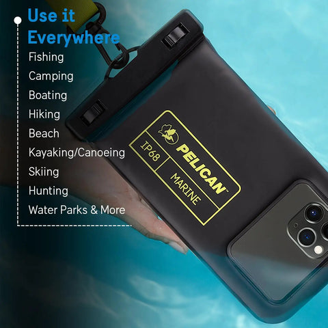 Two Pack Marine Waterproof Phone Pouches With IP68 Floating Design Regular Size Black And Hi-Vis Yellow Ideal For Pools Beaches