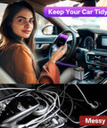 Retractable Car Charger Featuring Hella Easy 4 In 1 Fast Charging Via Usb C And Usb A Ports in a car with a woman using her phone.