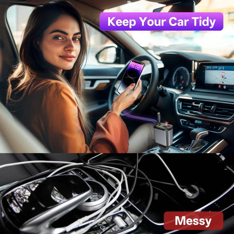 Retractable Car Charger Featuring Hella Easy 4 In 1 Fast Charging Via Usb C And Usb A Ports in a car with a woman using her phone.